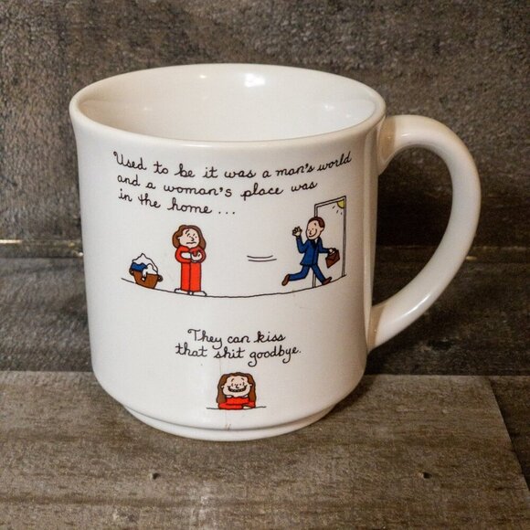 VINTAGE 80S COFFE MUG FEMINIST HUMOR USED TO BE A MANS WORLD JAPAN DINER CUP - Picture 1 of 5